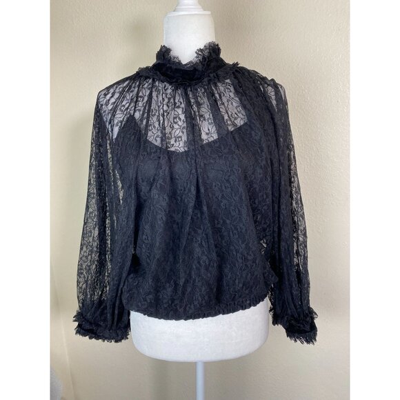 Vince Camuto Black Sheer Lace Long Sleeve Top Size Medium Ruffle Goth Whimsigoth - Picture 12 of 13